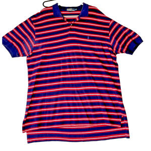 Polo Ralph Lauren Polo Shirt Mens XXL Logo Red Blue Stripes Collar Blue Pony